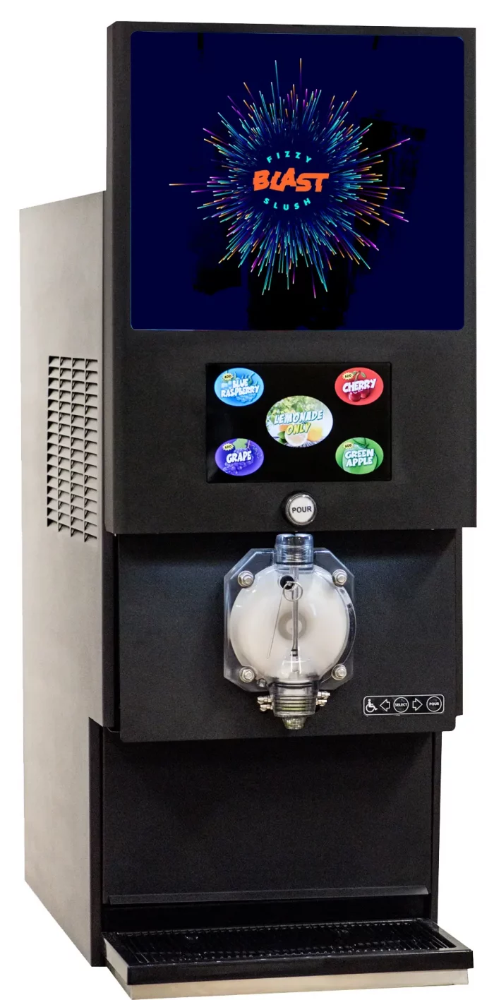 Blue Ice Slush T384 1M fizzy carbonated Multiple flavours with 4 flavour shot spinner 384 x10oz cupH 11990 Blue Ice T384-1M Multi Flavour Fizzy Slush Machine
