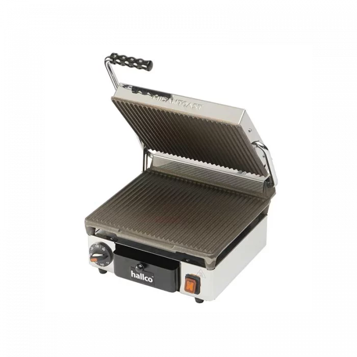Hallco Grill MEMT16000XNS panini contact grill single ribbed top and bottom 390 Hallco Grill MEMT16000XNS panini-contact grill single, ribbed top and bottom.