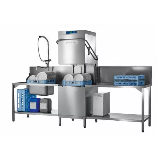 7f9eb6a65a2659aba0c0d784ee52159d84800950fd6d9f9ff36e7840d4365c6d Hobart AMXXW-10B 500mm Basket Hood / Passthrough Dishwasher with Drain Pump 18 Plates - Image 1