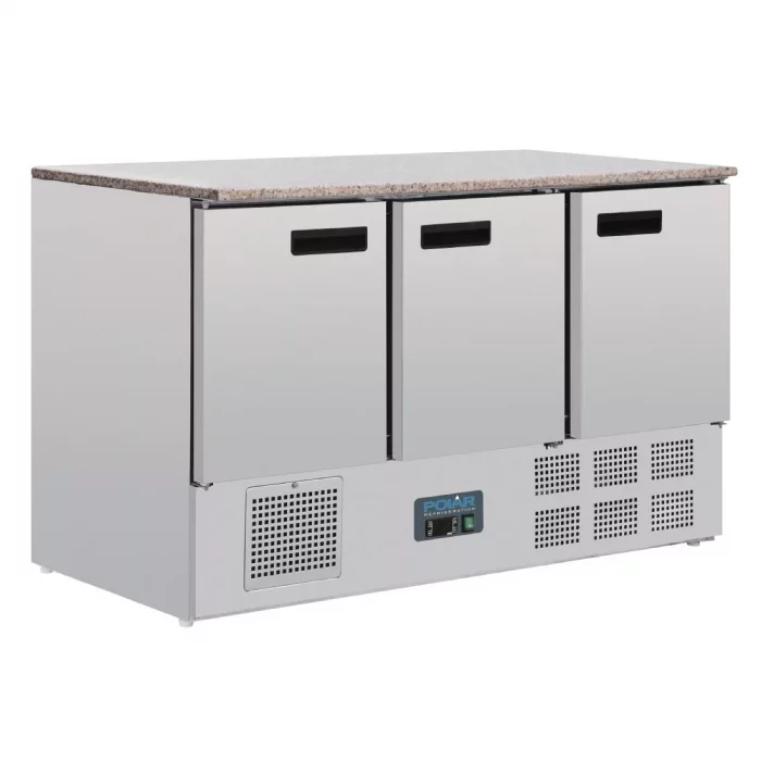 Polar G-Series 3 Door Counter Fridge with Granite Work Top 368Ltr - Image 1