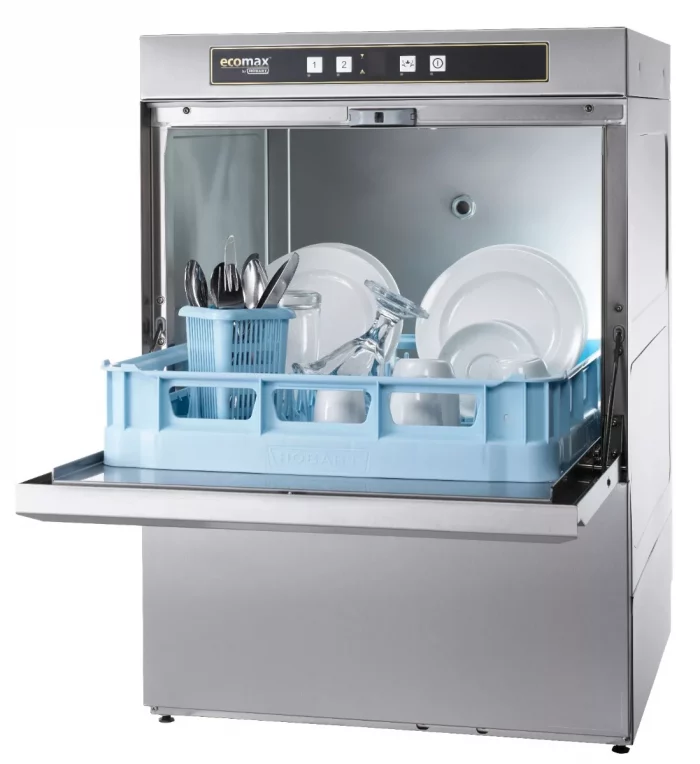 Hobart Ecomax F504SW-20B 500mm Basket Frontloading Commercial Dishwasher with Integral Water Softener & Drain Pump  18 Plates - Image 1