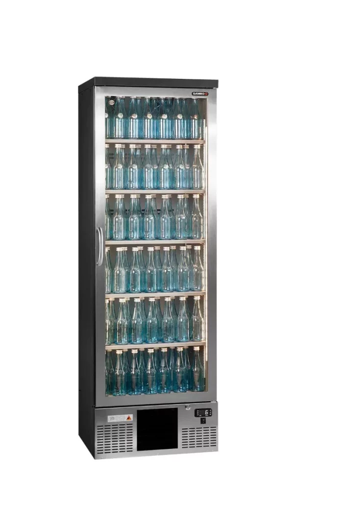Gamko MG3/300LGCS Maxiglass Left Hand Hinged Stainless Steel Frame Glass Single Door Upright Bottle Cooler  300 Litres - Image 1