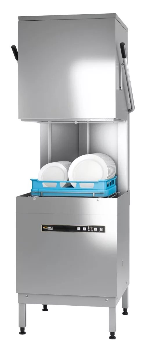 h602 Hobart Ecomax H604SW-12B Hood / Passthrough 500mm Basket Frontloading Commercial Dishwasher with Integral Water Softener & Drain Pump 18 Plate Capacity - Image 1
