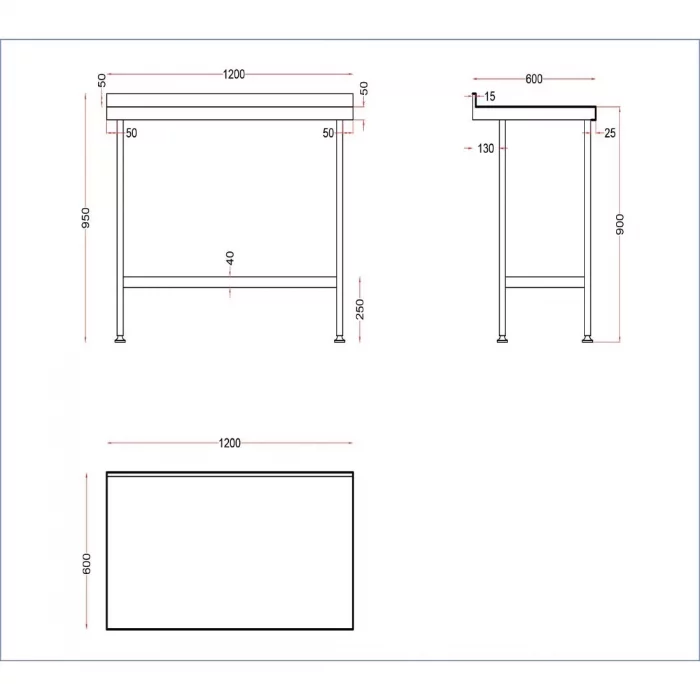 Vogue Stainless Steel Wall Table with Upstand 1200mm - Image 3