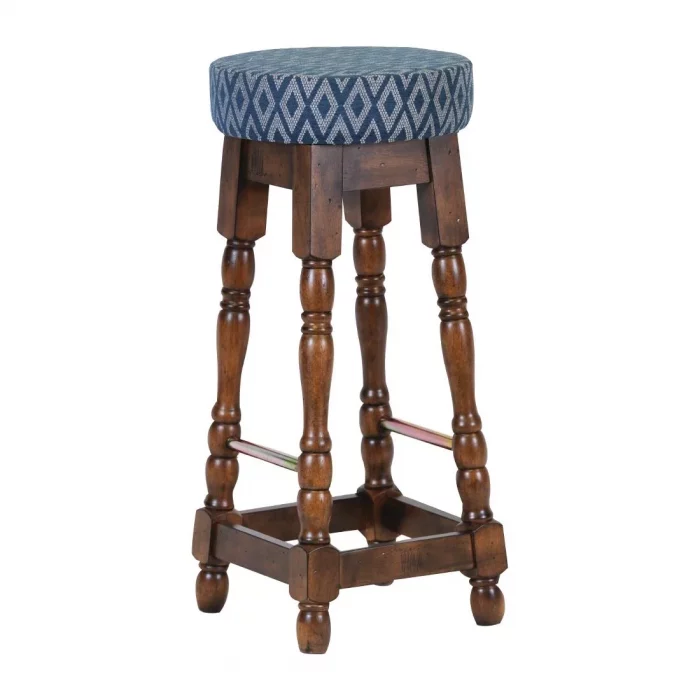 Classic Rubber Wood High Bar Stool with Blue Diamond Seat (Pack of 2) - Image 1