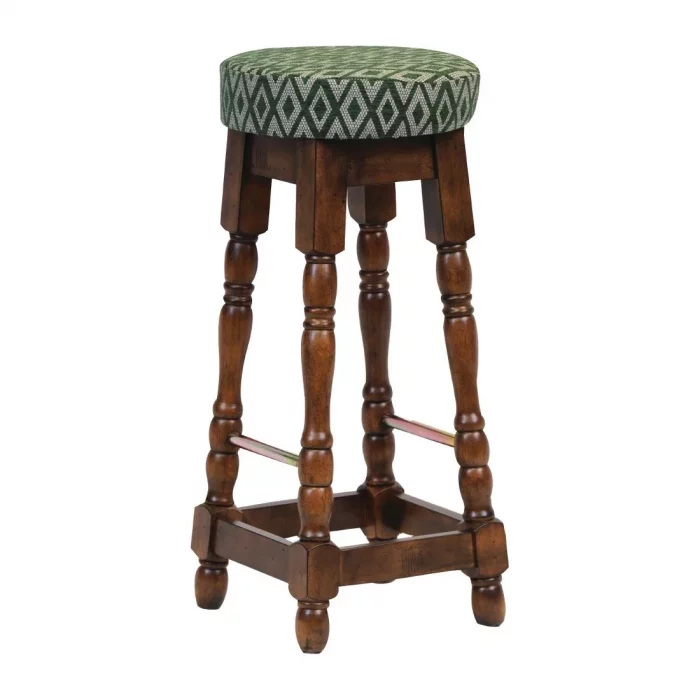 Classic Rubber Wood High Bar Stool with Green Diamond Seat (Pack of 2) - Image 1