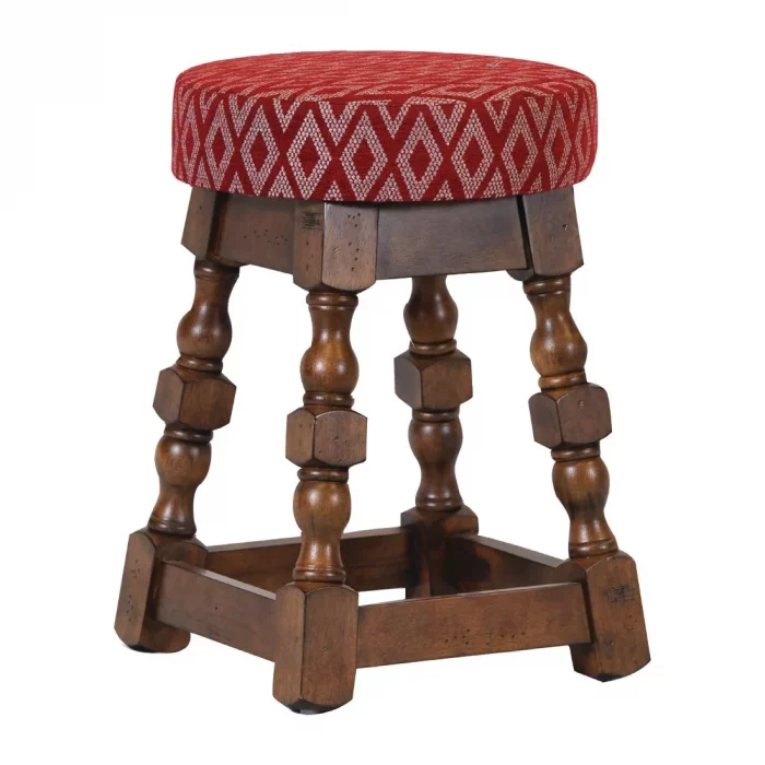 Classic Rubber Wood Low Bar Stool with Red Diamond Seat (Pack of 2) - Image 1