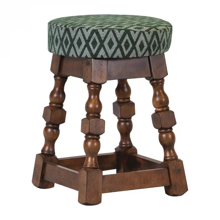 Classic Rubber Wood Low Bar Stool with Green Diamond Seat (Pack of 2) - Image 1