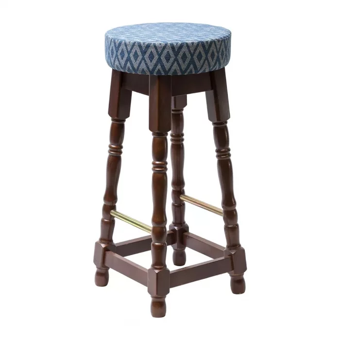 Classic Dark Wood High Bar Stool with Blue Diamond Seat (Pack of 2) - Image 1