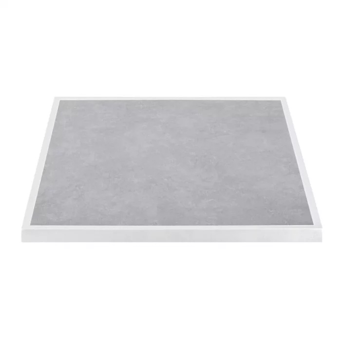 Bolero Light Grey Stone Effect Outdoor Tempered Glass Table Top White Trim 700mm - Image 1