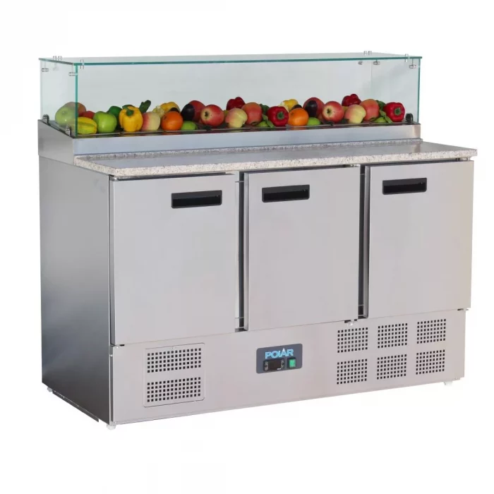 Polar G-Series 3 Door Pizza Prep Counter with Glass Sneeze Guard 436Ltr - Image 1