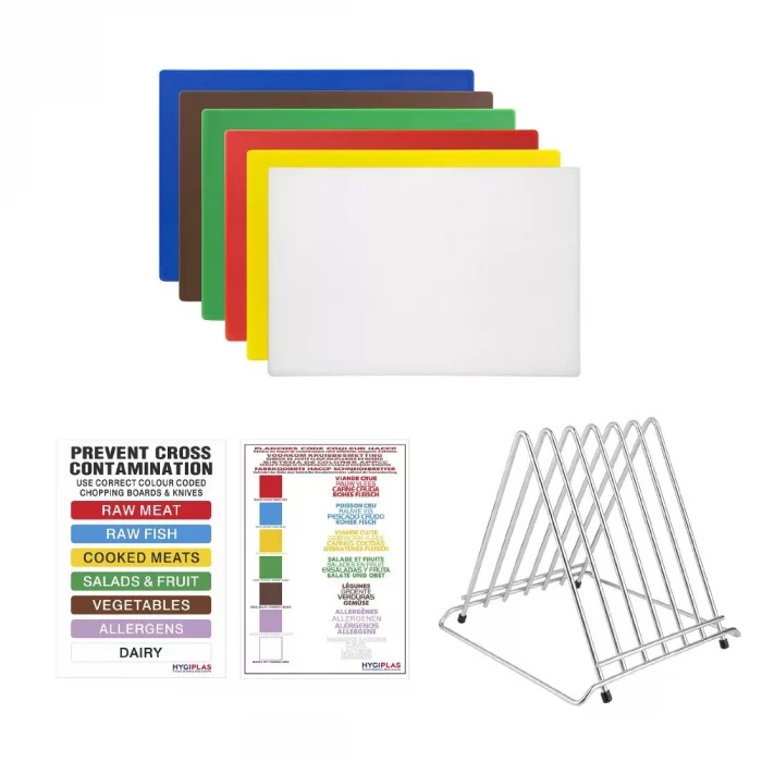 Hygiplas High Density Chopping Board Set with Rack 455x305x12mm (Pack of 6) - Image 1
