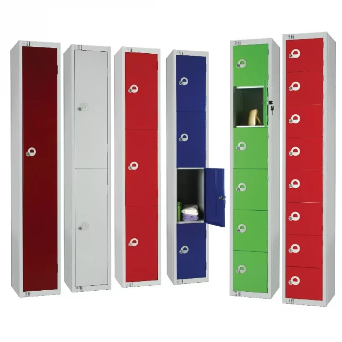 Elite Three Door Coin Return Locker with Sloping Top Red - Image 5