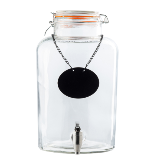 123495 Table Craft 8.5L Rustic Country Glass Beverage Dispenser with Stainless Steel Faucet, Resealable Lid (Includes Chalkboard Necklace) - Image 1