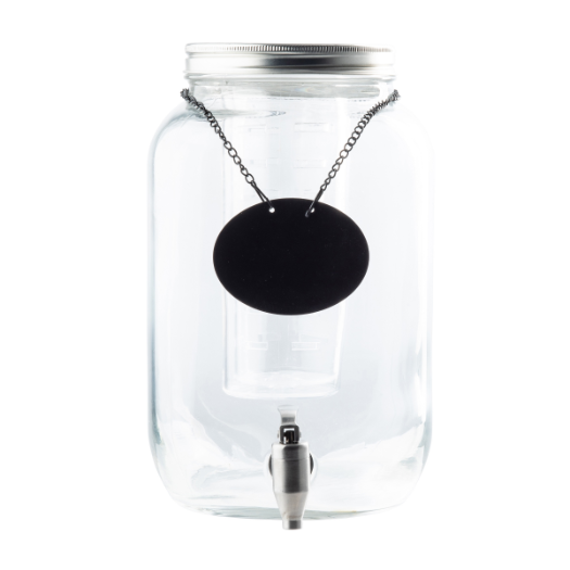 123496 Table Craft 8L Mason Jar Glass Beverage Dispenser with Stainless Steel Faucet, (Includes Chalkboard Necklace, Ice Core and Infuser) - Image 1